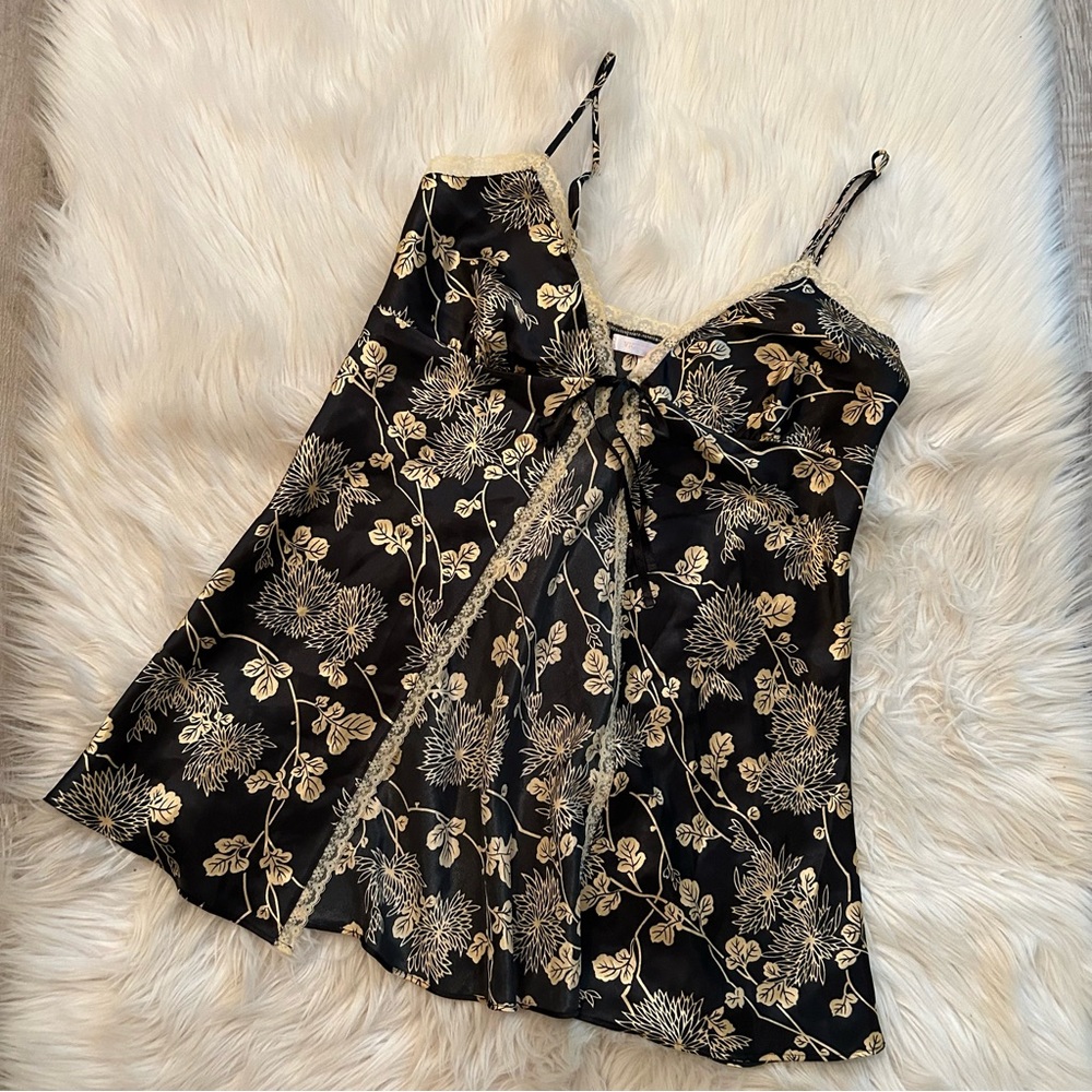 Victoria's Secret Black and Gold Floral Satin Chemise